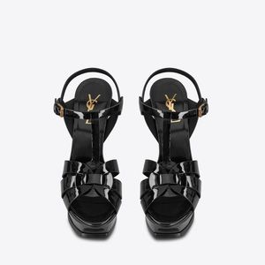 YSL Tribute Platform Sandals Black Patent Leather